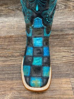 8139350060b Women's Patchwork Black And Teal Square Toe Boot By Ferrini -Western Cowboy Boots Shop IMG 4772 scaled