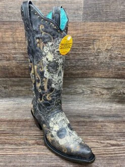 Z5003 Women's Snip Toe Black & White Floral Skull Embroidered Western Boot By Corral