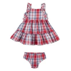 Pqd200m Baby Girl Square Neck Tiered Plaid Dress With Diaper Cover By Wrangler